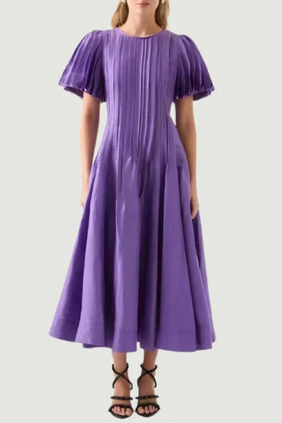 Purple Slim Long Dress For Women Round Neck Puff Sleeve High Waist Patchwork Pleasted A Line Dresses Female Spring Clothing Chic Maxi Skirt