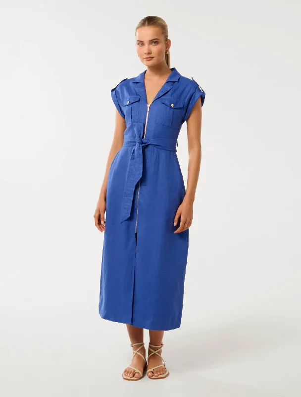 Alison Linen Front Pocket Zip Utility Midi Dress Silk Midi Skirt