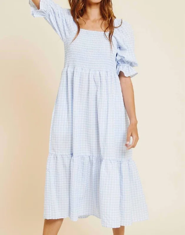 Gingham Smocked Midi Dress In Blue Pleated Floral Midi