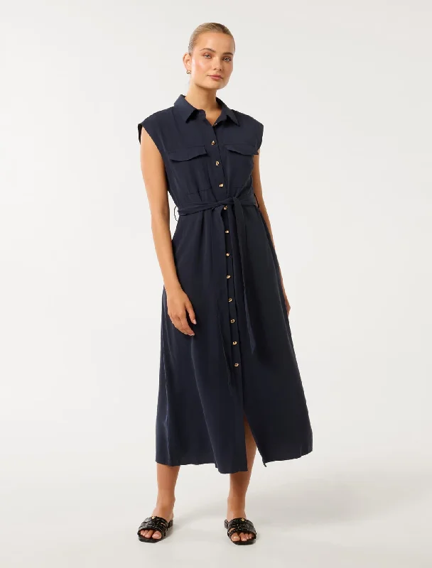 Mikayla Tie Belt Button Up Midi Dress Pleated A-line Skirt