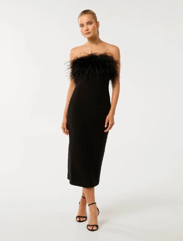 Vianna Feather Strapless Midi Dress Soft Pleated Midi